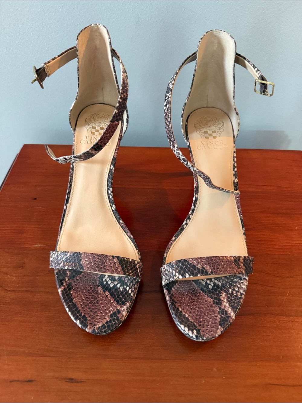 Vince Camuto Brown / mauve  Snake-Print Ankle Strap Heels